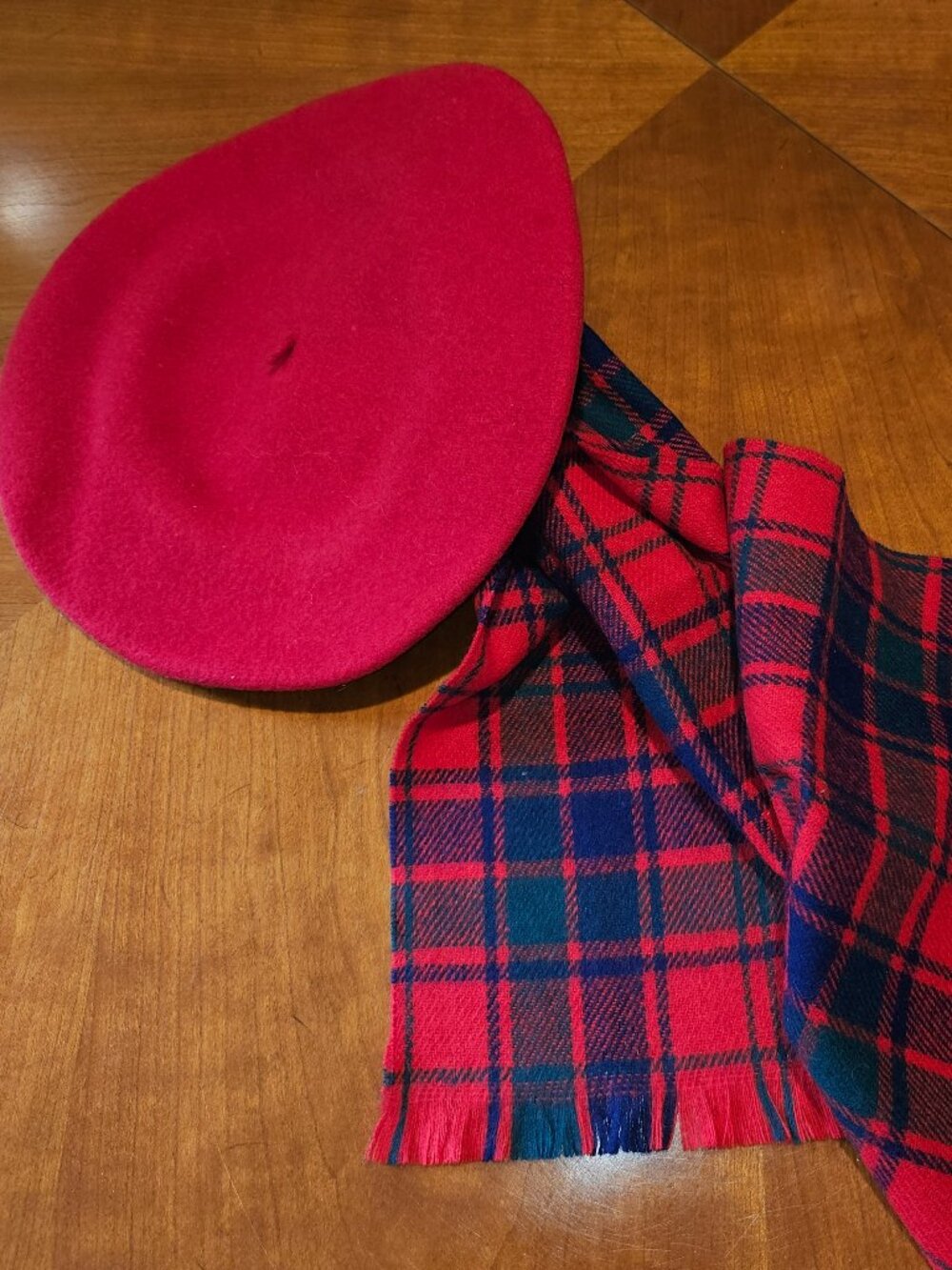 RED WOOL BERET with MATCHING PLAID SCARF
